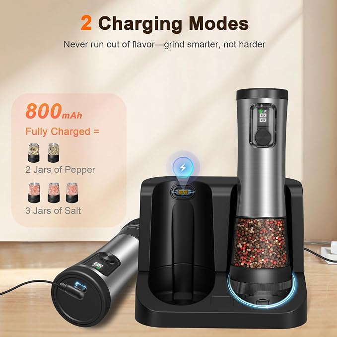 Electric Salt and Pepper Grinder Set, 2-Speed Setting, Stainless Steel - Image 5