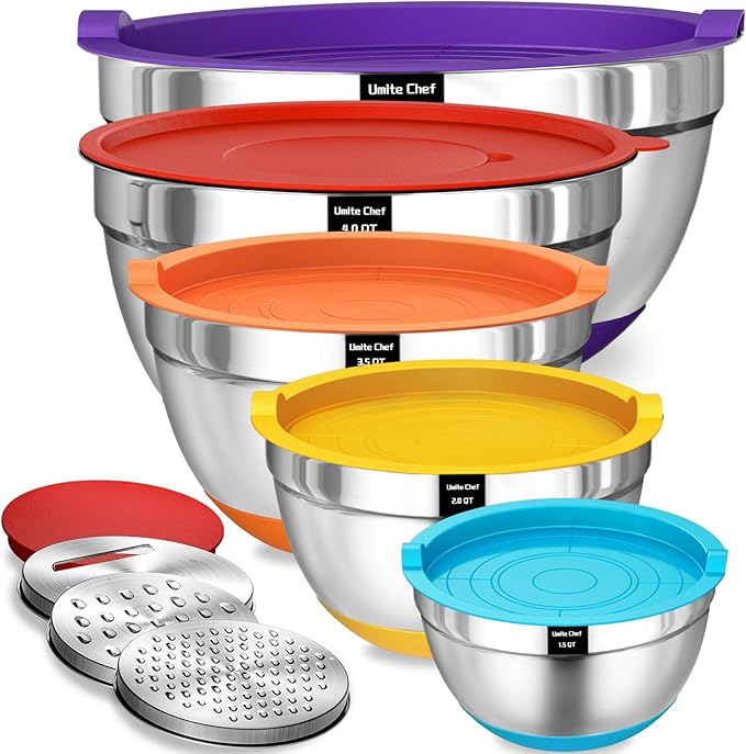 Umite Chef Mixing Bowls with Airtight Lids Set, 3 Grater Attachments & Non-Slip by UmiteChef
