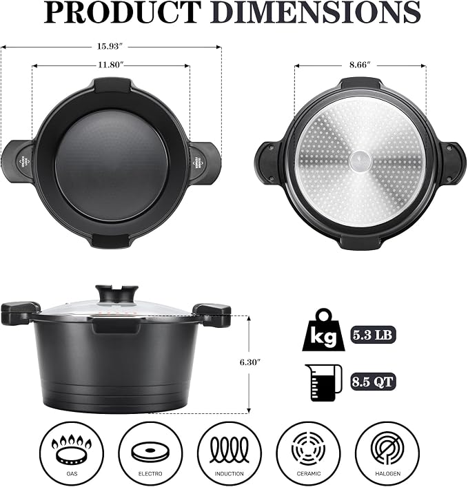 8.5qt Pasta Pot with Strainer Lid, Cast Aluminum Stockpot Multipot, Nonstick - Image 6
