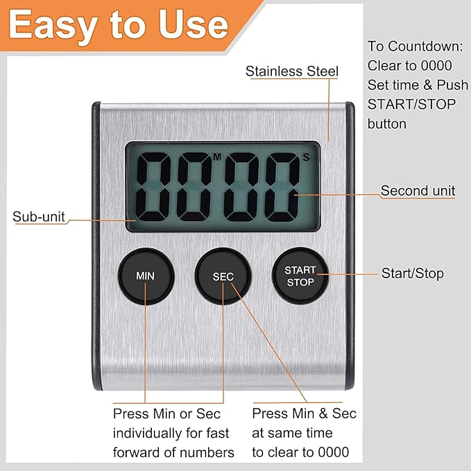 4 Pack Digital Kitchen Timer Magnet, Stainless Steel Cooking Timers - Image 3