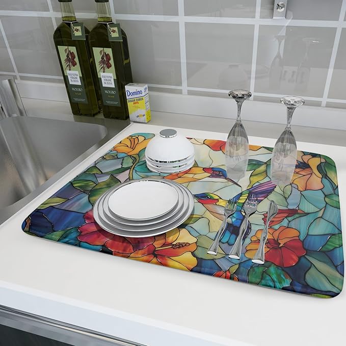 Spring Summer Dish Drying Mat for Kitchen Counter Hummingbird Microfiber - Image 6
