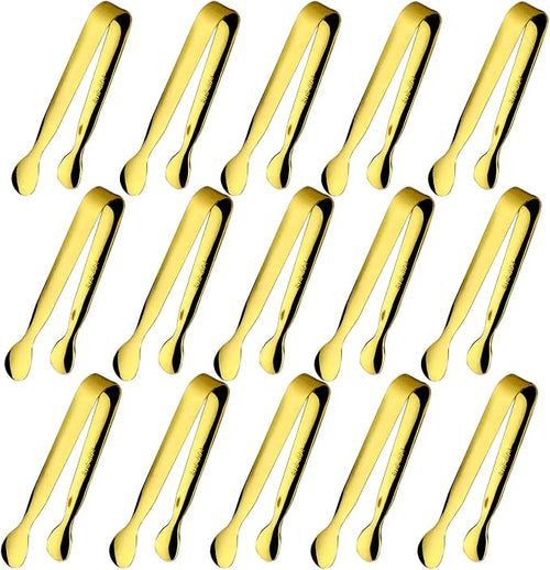 15PCS Mini Tongs for Serving, Metal Tong Stainless Steel Gold Tongs, 4.25Inch by Sunenlyst