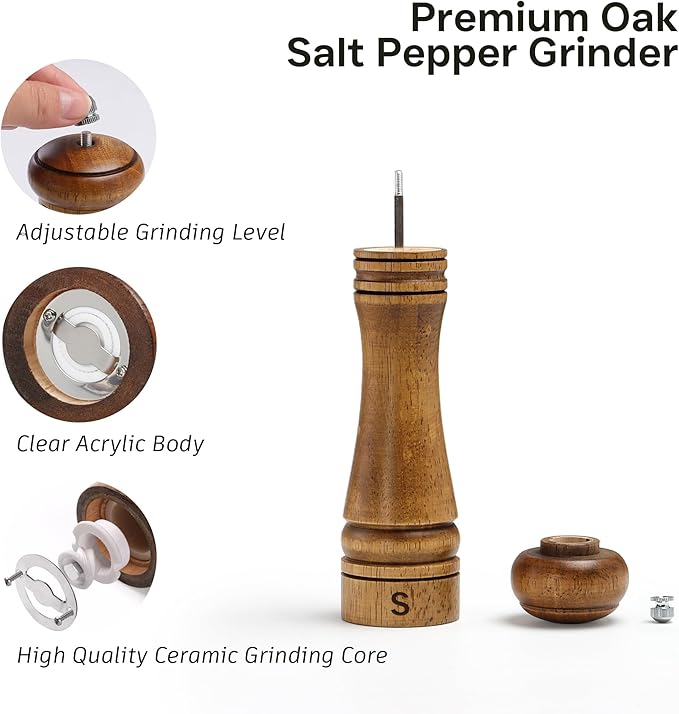 Wooden Salt and Pepper Grinder Set, Premium Oak Wood Salt Grinders Shakers - Image 2