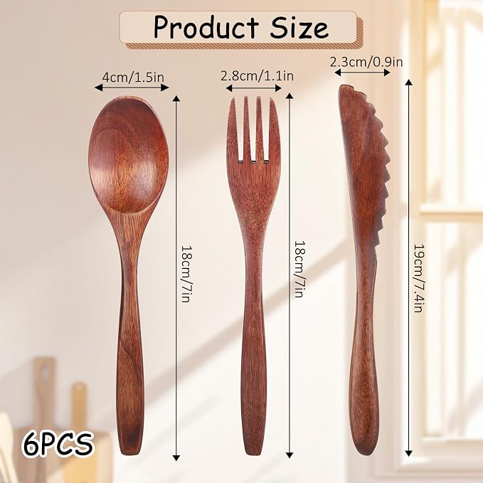 6 Pcs Wooden Utensils for Eating, Wooden Spoon Fork Cutlery Set Kitchen Wood - Image 2