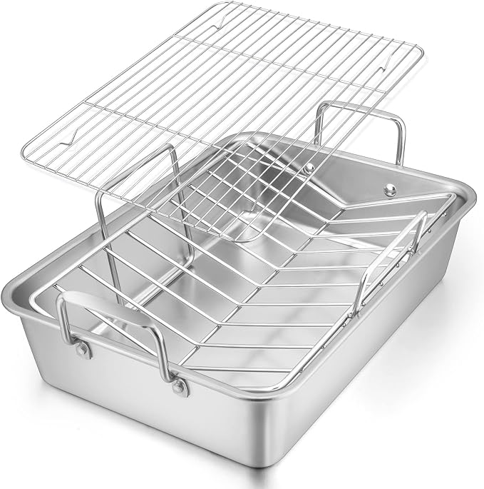 E-far Roasting Pan, 16 x 11.5 Inch Stainless Steel Turkey Roaster by E-far