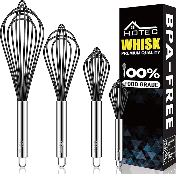 HOTEC 4 Pieces Silicone Whisks Set, Wire Balloon Whisks Egg Beater, Non-slip by Hotec