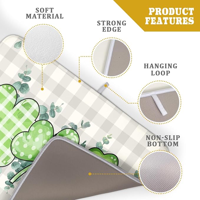 Giwawa Patrick Dish Drying Mat for Kitchen Green Clovers Grey Buffalo Plaids - Image 4