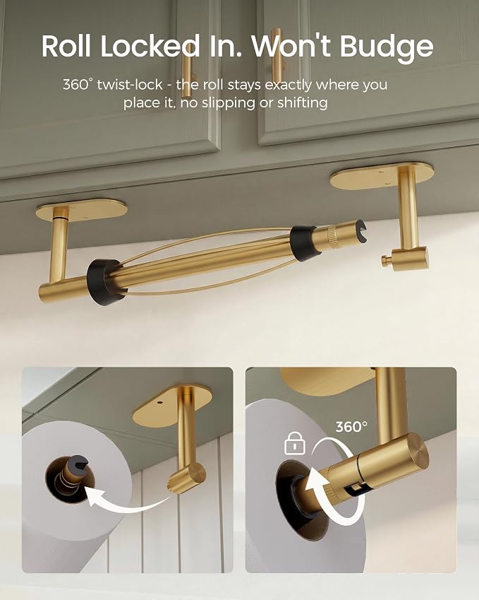 Gold Paper Towel Holder Under Cabinet, Self Adhesive or Wall Mount - Image 4