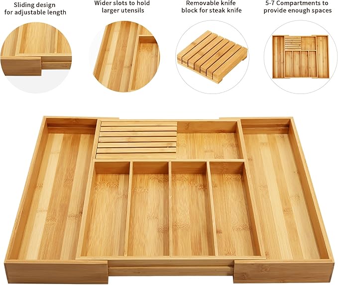 VaeFae Bamboo Silverware Drawer Organizer Kitchen, Expandable Utensil Organizer - Image 4