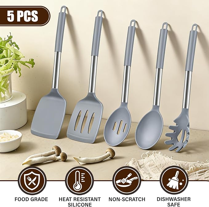 5Pcs Silicone Cooking Utensils Set, Heat Resistant Kitchen Tools Include - Image 4