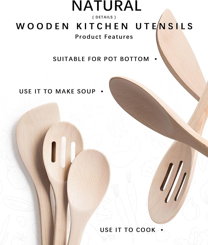 Wooden Spoons for Cooking, 3-Piece Wood Utensil Set Includes Slotted Spoon - Image 3