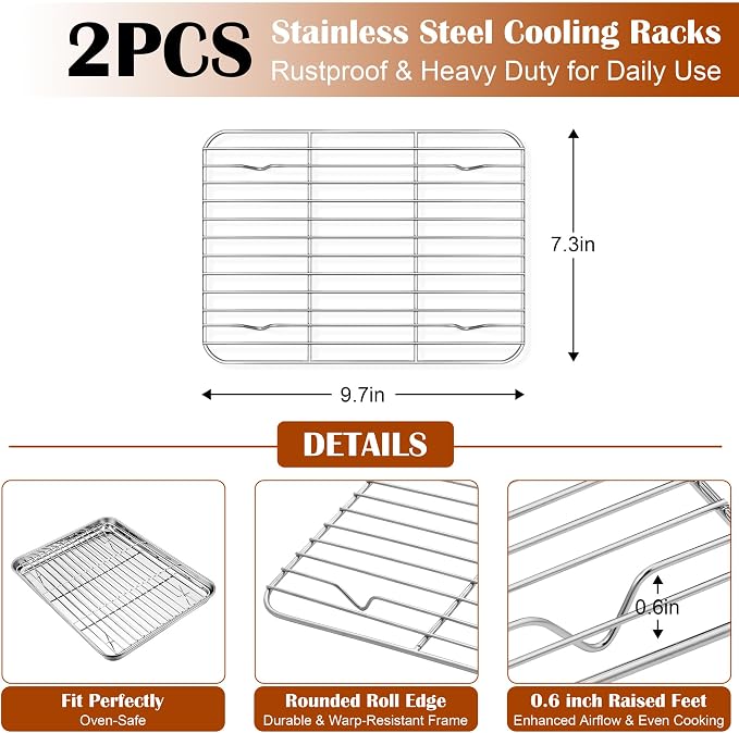 E-far Small Baking Sheet with Wire Rack, Stainless Steel Cookie Sheets Trays & - Image 3