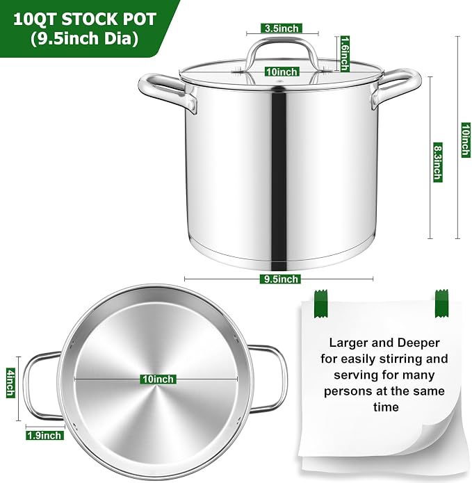 TeamFar 10QT Stock Pot, Stainless Steel Large Soup Cooking Pot & Lid - Image 2