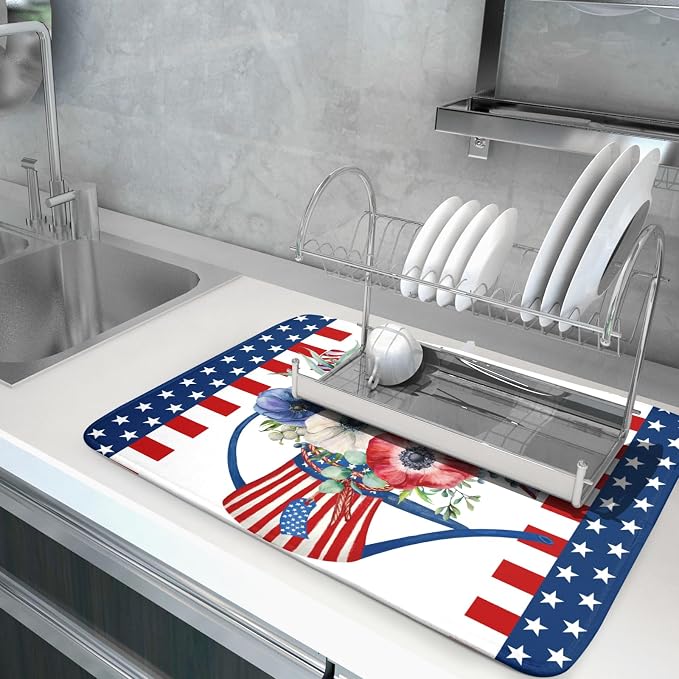 Patriotic American Flag Dish Drying Mat 18x24 Inch Spring Summer Flower 4th of - Image 5