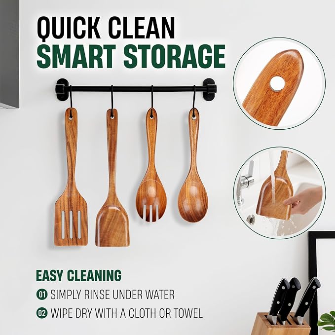 Bkiok Wooden Spoons for Cooking, Natural Teak Wood Kitchen Utensils Set for - Image 6