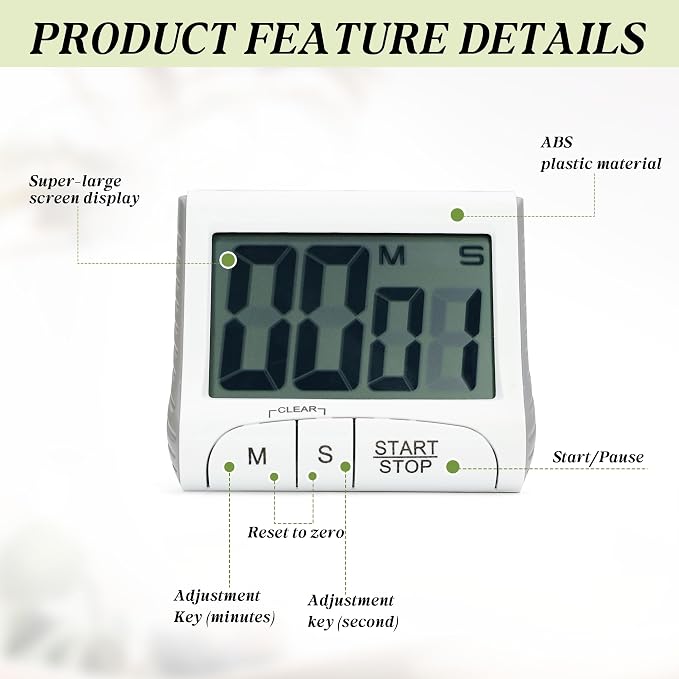 Large LCD Display Kitchen Timer -Magnetic Digital Timers, Loud Alarm, Memory - Image 7