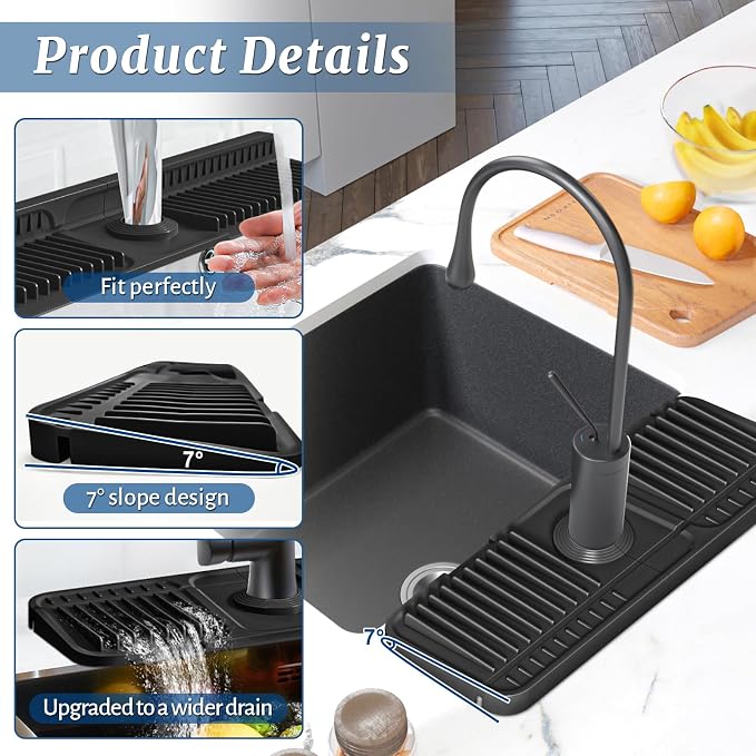 PoYang 14.6 inch Faucet Mat for Kitchen Sink Splash Guard, 7° Slope Silicone - Image 8