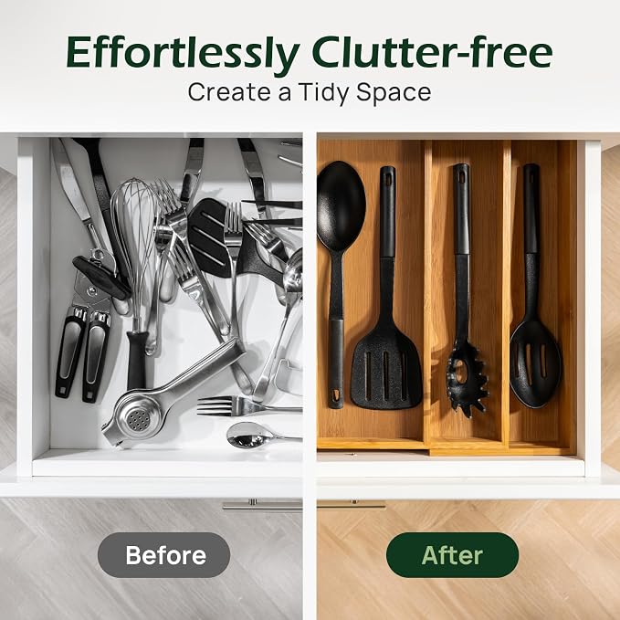Carbonized Bamboo Kitchen Drawer Organizer, 5 Slots Expandable Silverware - Image 7