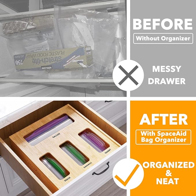 SpaceAid Bag Storage Organizer for Kitchen Drawer, Bamboo Organizer, Compatible - Image 2