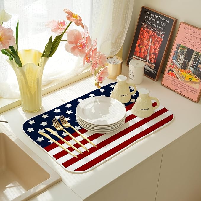 4th of July Dish Drying Mat 18 x 24 Inch Patriotic Red Stripe Navy Blue Stars - Image 6