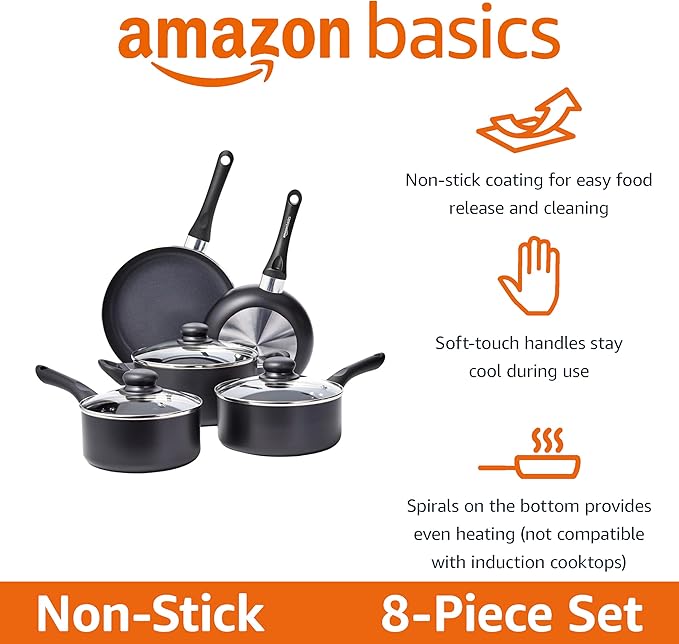 Amazon Basics Non-Stick Kitchen Cookware 8-Piece Set, Non-Induction, Includes - Image 2