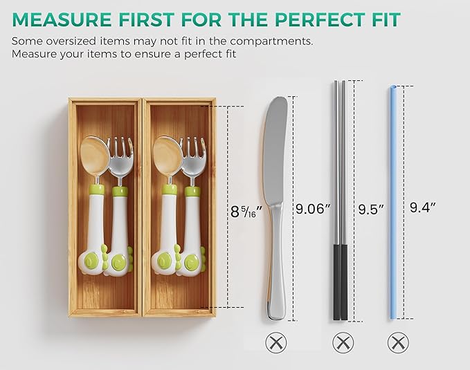 Bamboo Kitchen Drawer Organizer Boxes – 9" x 3" Stackable Wood Silverware - Image 3