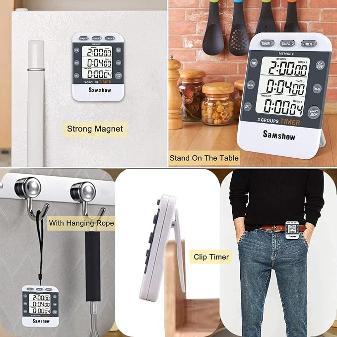 Digital Kitchen Timer Dual Timers 3 Channels Count UP/Down Cooking Timer Large - Image 4