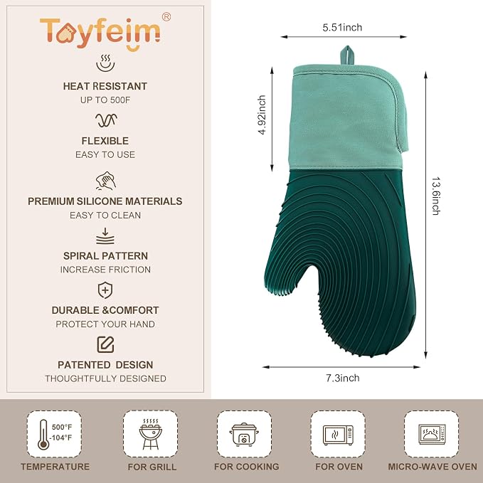 Silicone Oven Mitts-13.6 in Extended Oven Mitts Heat Resistant 500F, Oven Gloves - Image 5
