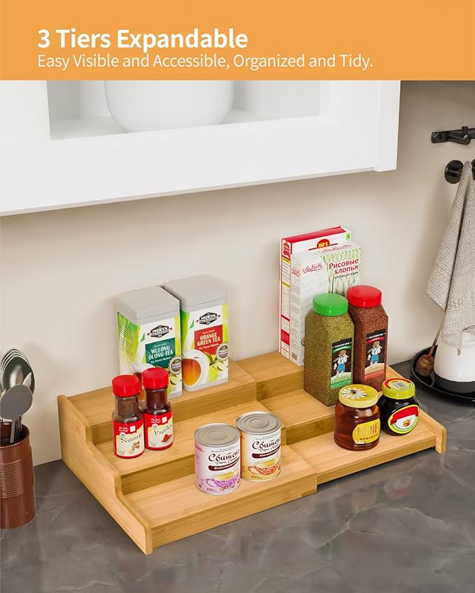 VenDotbi Spice Rack, 3-Tier Expandable Bamboo Spice Rack Organizer - Image 3