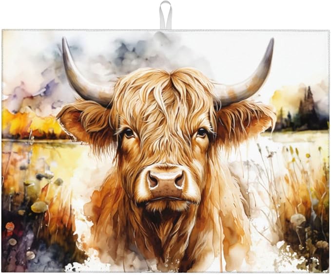 Watercolour Cow Head Dish Drying Mat XL Microfiber Kitchen Drying Mat Large by Eugzak