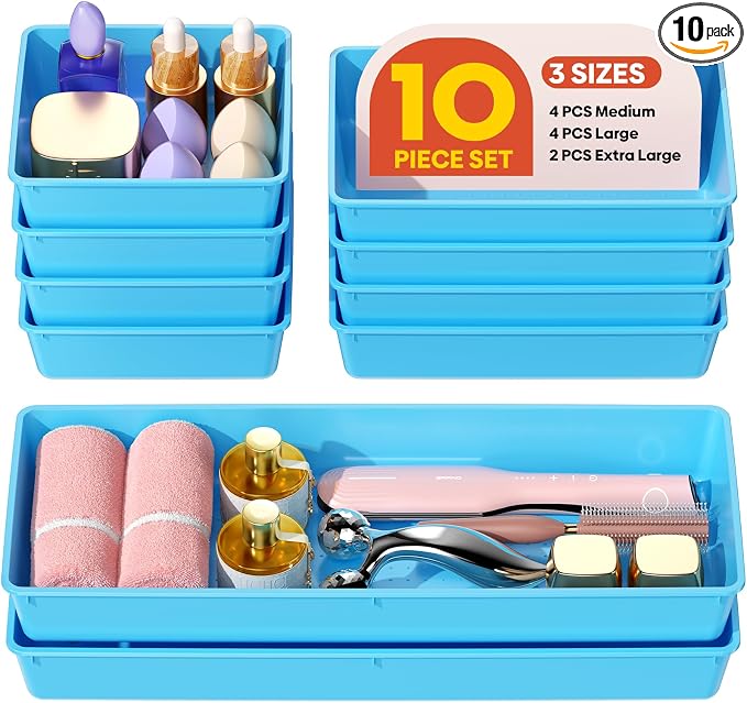 10 Pack Large Size Plastic Drawer Organizers Set, 3 Sizes Desk Drawer Organizer by Unknown