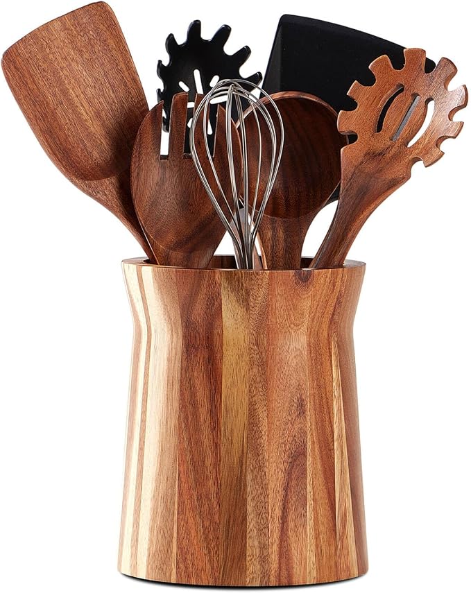 Wooden Utensil Holder for Countertop, 360° Rotating Kitchen Utensil Holder by LOHONER