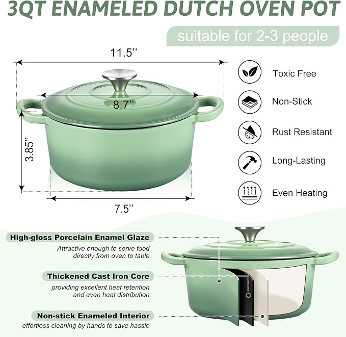 TeamFar Enameled Cast Iron Dutch Oven - 3QT Small Dutch Oven Pot - Heavy Duty - Image 2