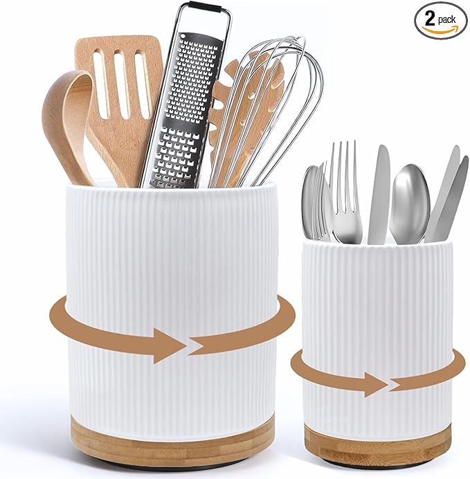 2 Pack Ceramic Utensil Holder, 7.3"+5.4" Large kitchen utensils holder by NURTUREKNOTS