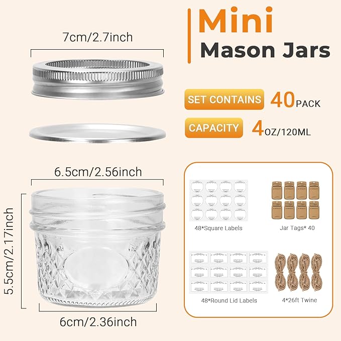 Eathtek 4 oz Mason Jars 40 Pack, 120ml Mini Canning Jars - Image 2