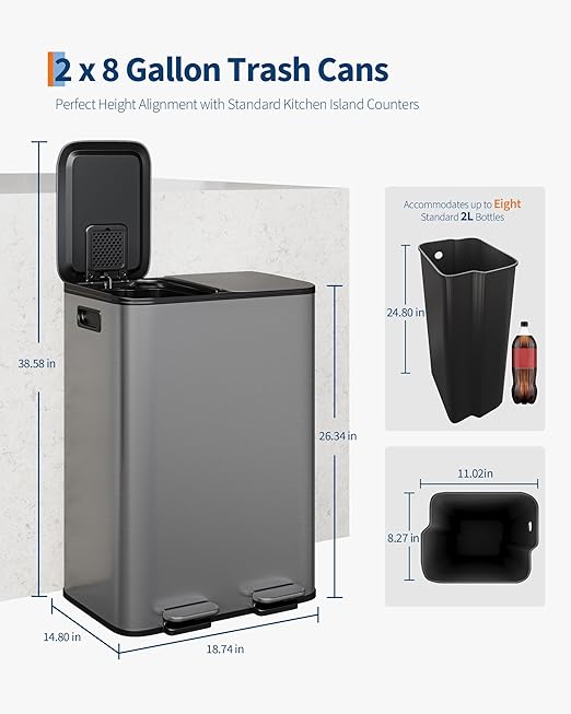 GarveeHome 2 x 8 gal Stainless Steel Double Trash Can - Image 6