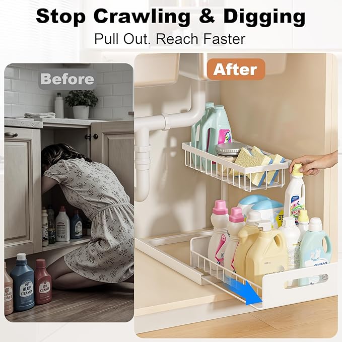 REALINN Under Sink Organizer, Pull Out Cabinet Organizer, 2 Tier Metal Slide - Image 4