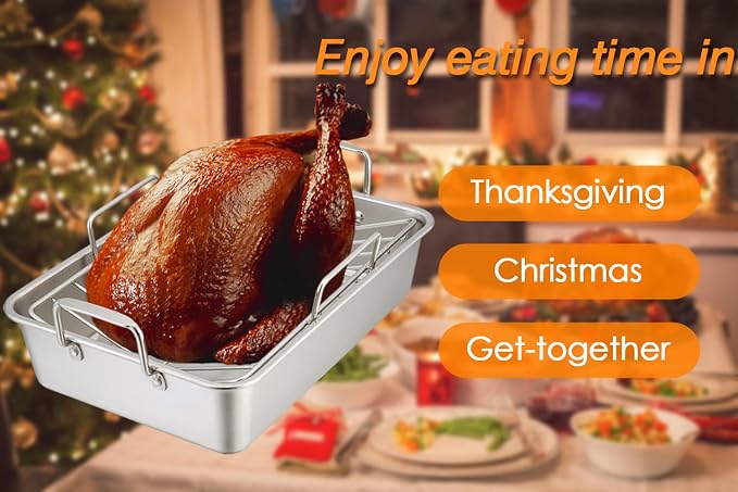 TeamFar Stainless Steel Roasting Pan, 16 Inch Large Turkey Roaster Lasagna Pan - Image 7