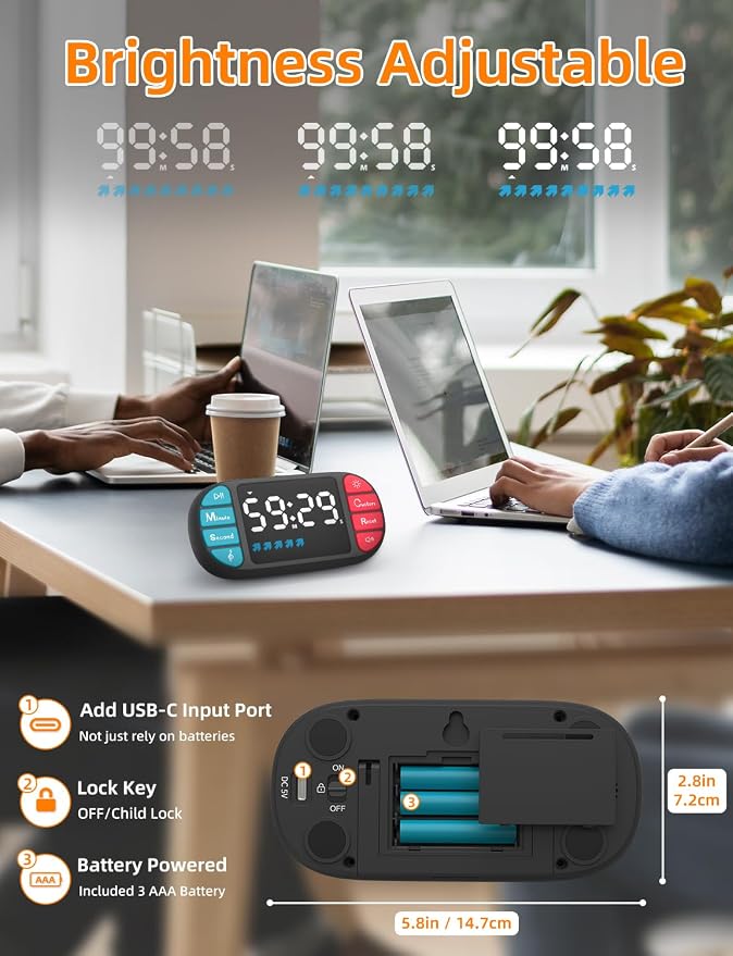 DOOMAY Digital Kitchen Visual Timer: 3.6'' Large LED Display, 3 Brightness - Image 4