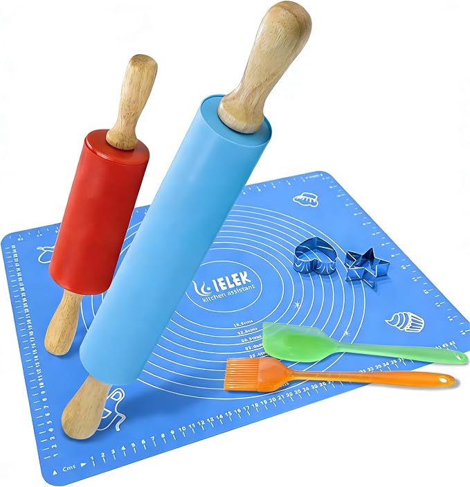 Non-Stick Rolling Pin Silicone Basting Pastry Mat Spatula Brushes Set:Combo Kit by IELEK