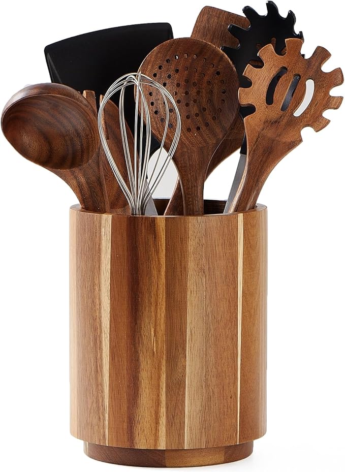 Acacia Wood Utensil Holder for Kitchen Counter, 360° Rotating 7.2" Wooden by LOHONER