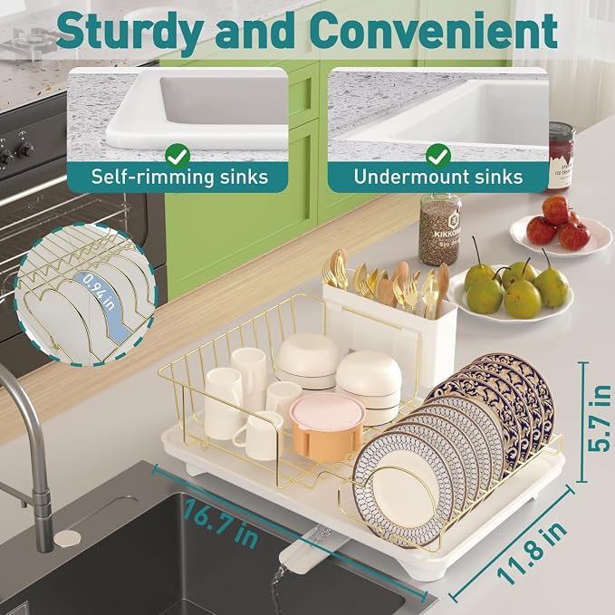 Buruis Dish Drying Rack for Kitchen Countertop, Large Capacity Gold Stainless - Image 2