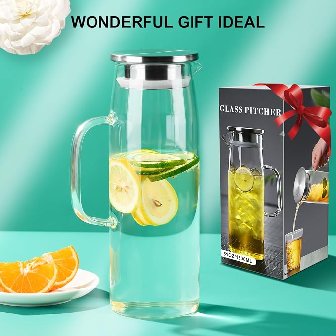 PARACITY Glass Pitcher with Lid and Spout 50oz/ 1.5L, Hot/Cold Water Pitcher - Image 8