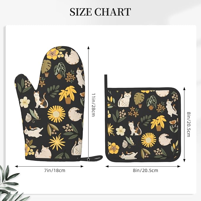Cute Cats Flowers Garden Silicone Oven Mitts Pan Mats Set of 2, Heat Resistant - Image 3
