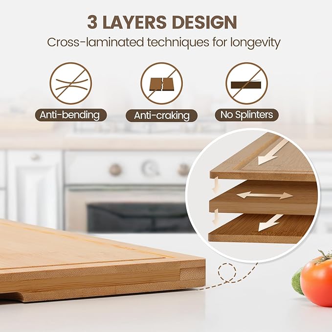 Kikcoin Bamboo Cutting Boards for Kitchen, Extra Large Wood Cutting Board - Image 3