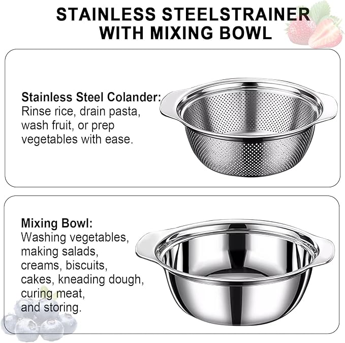 Colander for Kitchen, 1.5 QT 18/8 Stainless Steel Colander, Stainless Steel - Image 6