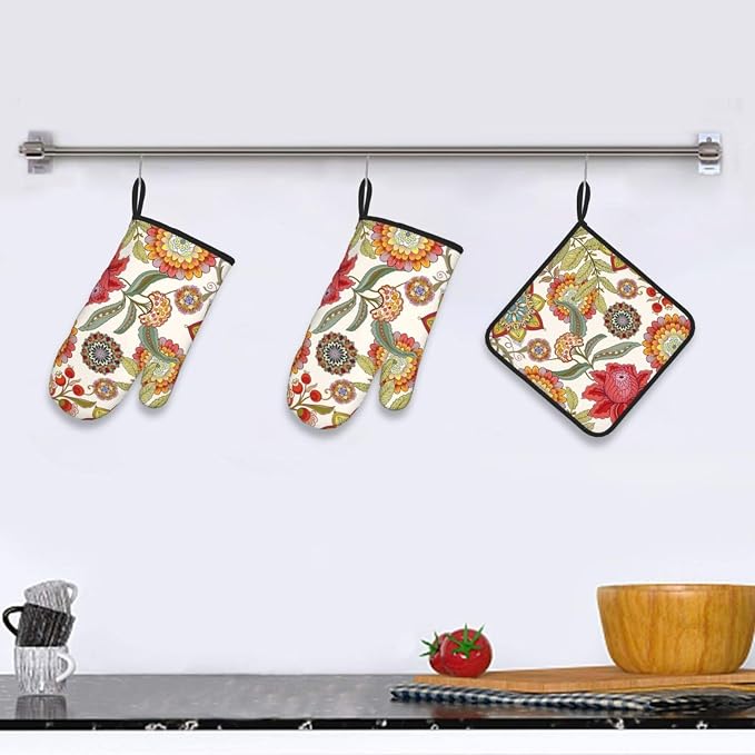 Boho Floral Oven Mitts and Pot Holders Sets of 3 Heat Resistant Hot Pads - Image 6