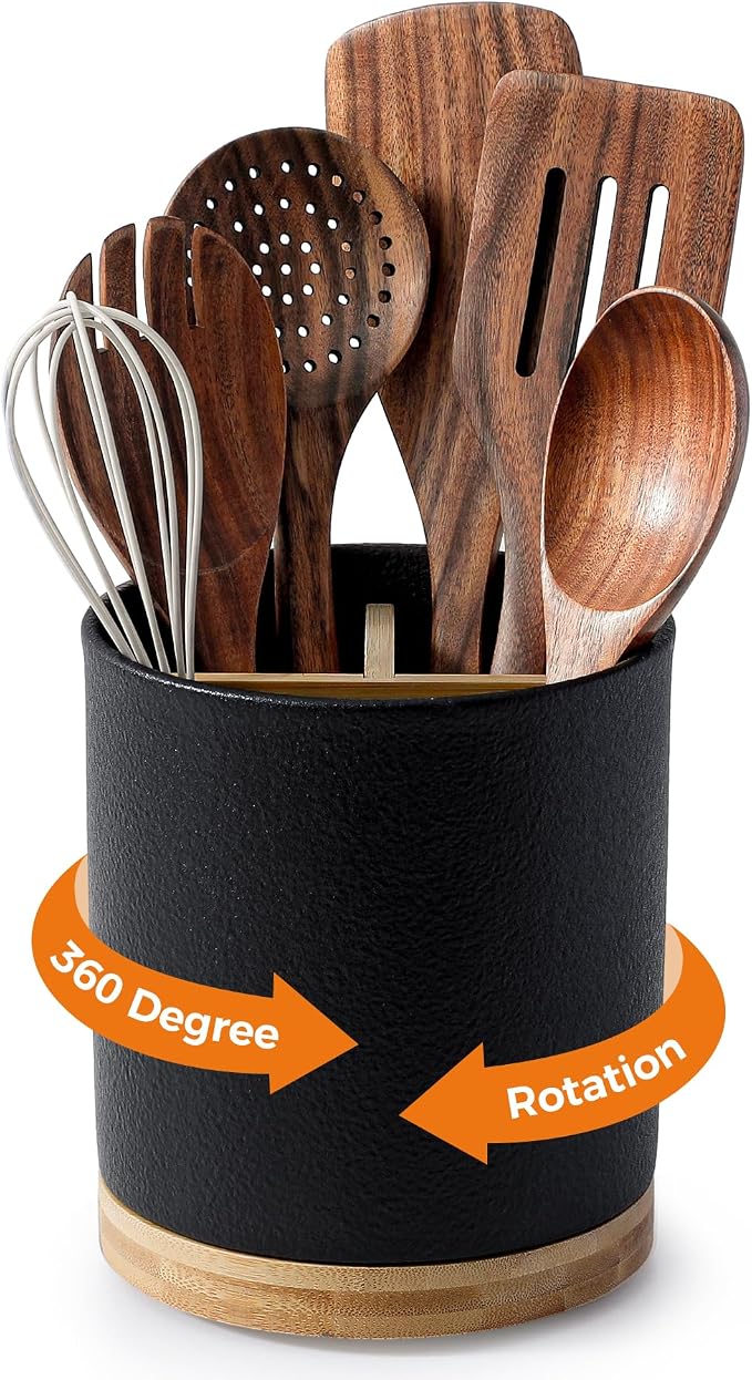 LoeJan 3 Compartment Utensil Holder, Extra Large Utensil Crock, Stable Ceramic by LoeJan
