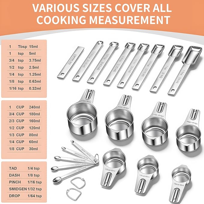 EWFEN Measuring Cups and Spoons Set, 7 Stainless Steel Nesting Measuring Cups & - Image 3