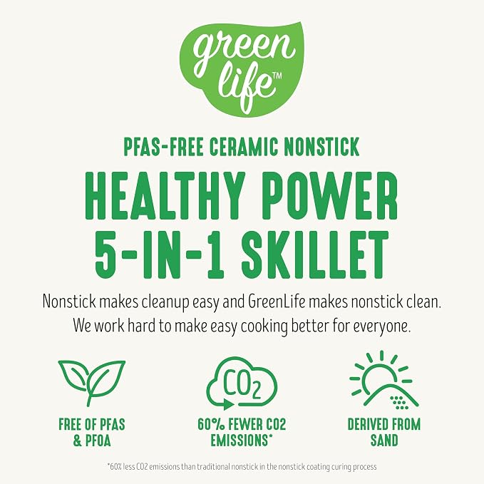 GreenLife 12" 5QT Square Electric Skillet, Glass Vented Lid, Ceramic PFAS-Free - Image 8